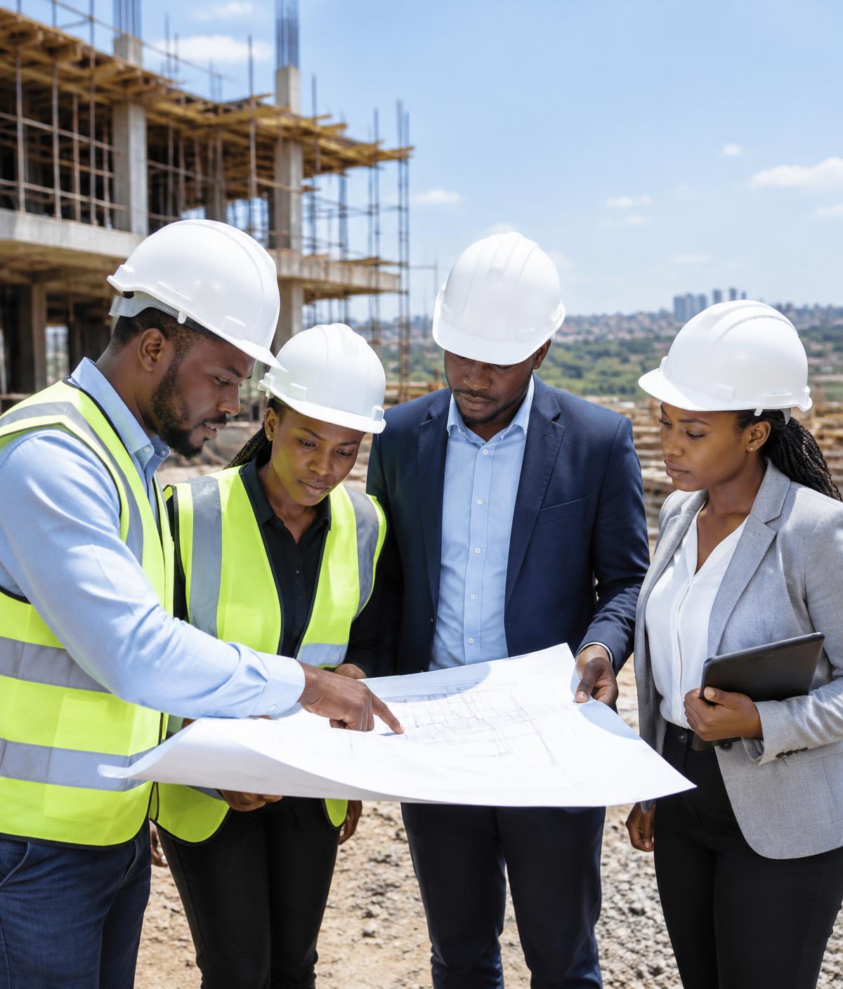 Kenyan professionals in hard hats reviewing drawings on a construction site